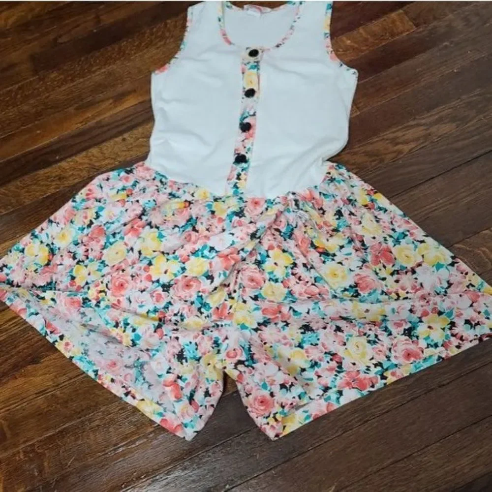 Vintage 80s 90s Girls Boho Cottagecore Pink Floral Romper Shorts